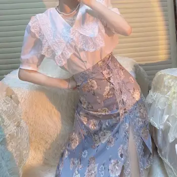 Zarif Dantel İki parçalı Elbise Vintage Puf Kollu Gömlek + Bodycon Çiçek Yüksek Bölünmüş Midi Etek Kore Tarzı Yaz şifon elbise