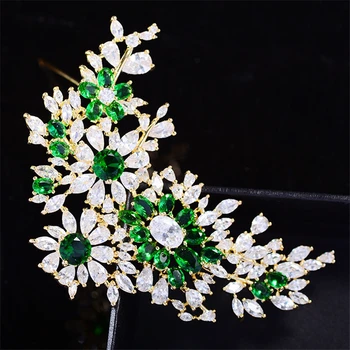 Güz Kış Yeni Çiçek Kübik Zirkonya Broş Lüks Yeşil Kristal Düğün Broş Pin Elbise Takı Aksesuarları noel hediyesi
