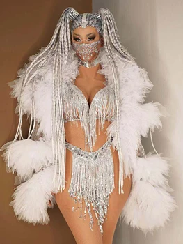Parlayan Şarkıcı Kostüm Gümüş Pullu Saçaklı Bikini Lüks Kabarık Elbise Doğum Günü Kıyafetleri Kadınlar İçin Akşam Parti Sahne Elbise