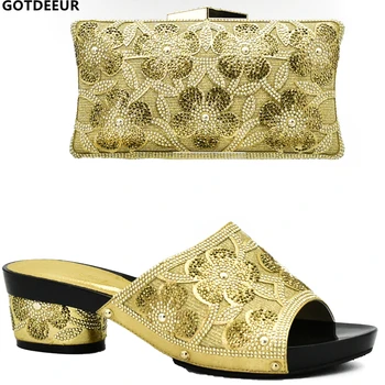 Altın Rengi İtalyan Bayan Ayakkabı ve çanta seti ile Süslenmiş Elmas Taklidi Eşleşen İtalyan Ayakkabı ve çanta seti Ayakkabı ve çanta seti Yeni 2020
