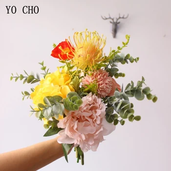 YO CHO Yapay ipek çiçek Buketi Karışık Gül Şakayık Ortanca Ponpon Düğün Buket Dropshipping Çiçek Düğün Malzemeleri