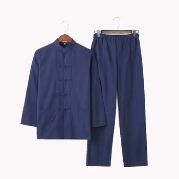 Erkek Katı Kung Fu Takım Elbise Çin Geleneksel Erkek Pamuk Gevşek Wu Shu Tai Chi Setleri M-4XL Ceket + Uzun pantolon