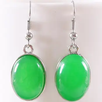 Doğal Taş Yeşil Jades Dangle Küpe Kadınlar için Gem Cabochon KABİN oval boncuklar Damla Küpe moda takı U447
