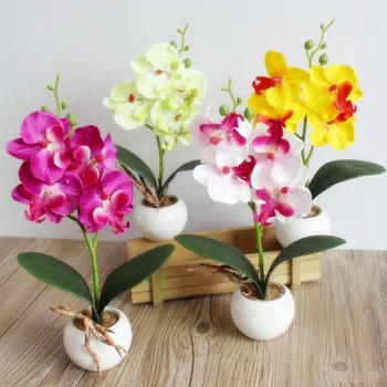 Gerçek dokunmatik Yapay Kelebek Orkide çiçek Bonsai İpek Plastik Güve Phalaenopsis Düğün Ev Dekorasyon için Sahte Çiçekler Pot
