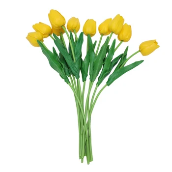 Yeni 10 adet Sarı Lateks Gerçek Dokunmatik Lale Çiçek Düğün Buket Süslemeleri İçin Yaprakları ile