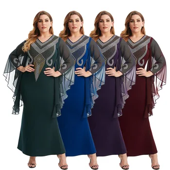 Bayanlar Yaz Uzun Kollu Elbise 2022 Yeni kadın Moda V Yaka Şifon Alevlendi Kollu Sıcak Matkap Fishtail Etek Elbise