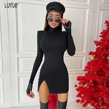 Sonbahar Uzun Kollu Slim Fit Elbise Kadınlar Katı Renk Siyah Kazak Yarım Balıkçı Yaka Gece Kulübü Seksi Parti Paket Kalça Mini Elbise