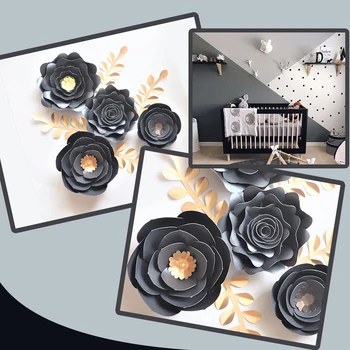 Siyah Altın Gül kendi başına yap kağıdı Çiçekler Yapraklar Seti Kreş duvar dekorasyonu Erkek Odası Oturma Odası Dekorasyon Bebek Duş Video Öğreticiler
