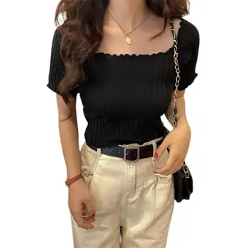 2021 Yaz Kadın T-Shirt Kısa Kollu Düz Renk Kapalı Omuz Örme Tee Gömlek Trim Yelek Kırpma Üst Streetwear Korse Üst