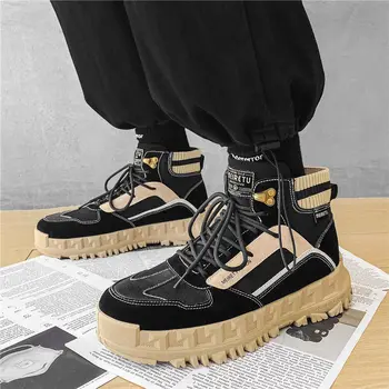 Bahar Sonbahar Yüksek Top erkek ayakkabıları Deri erkek sneaker Ayakkabı Dantel-up Vahşi Platformu Sneakers Düz vulkanize ayakkabı