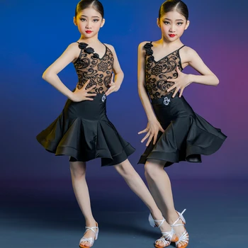 2022 Latin Dans Elbise Kız Siyah Dantel Bodysuit Etek Performans Takım Elbise Cha Cha Samba Dans antrenman kıyafeti Çocuk Elbise DNV16398