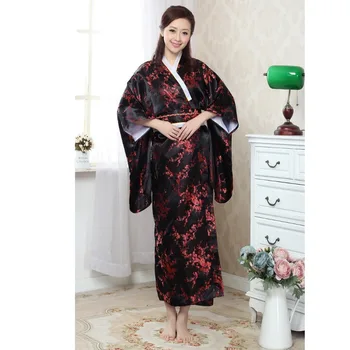 Yüksek Quanlity Siyah Kırmızı Japon kadın Ipek Kimono Ile Obi Asil Seksi Balo Elbise Ejderha Phenix Desen Bir Boyut