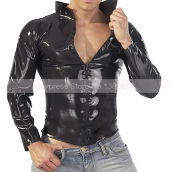 Katı Siyah Kauçuk Lateks Erkek Üst Gömlek Ön Zip Artı Boyutu XXXL El Yapımı S-LSM001