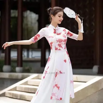 2022 çin dans dans ulusal çiçek baskı şifon qipao cheongsam elbise klasik sahne performansı elbise retro parti elbise