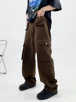 Yüksek kaliteli Rahat tulum erkek yüksek sokak moda ıns Küçük kalabalık tasarım Çok cep gevşek düz pantolon Yaz