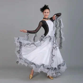 Yüksek Kaliteli Modern dans elbiseleri Uzun Kollu Siyah Beyaz Elbise Profesyonel Kadın Kadınsı Gösteren Giysiler Q5050