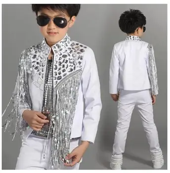 Erkek Şarkıcı Sahne Gösterisi Giyim Yeni Hip Hop Kostüm Çocuk Beyaz Ceket Gümüş Payetli Püskül Ceket Caz Dans Elbise