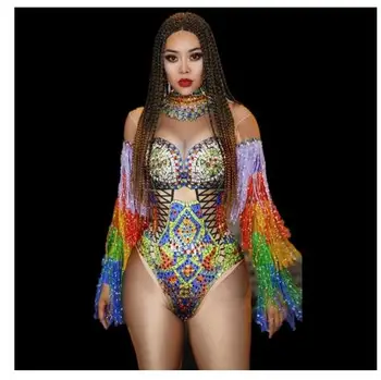 Seksi Gece Kulübü Parti Kutlama Şarkıcı Sahne Kostüm Moda Kadınlar Renkli Püskül Taklidi Bodysuit Streç Dansçı Leotard