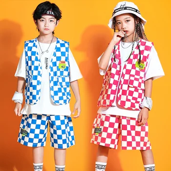 Çocuklar Ekose Hip Hop Giyim Kpop Kıyafet Streetwear Yaz Caz Dans Uygulama Elbise Sokak Dans Performansı Giyim YS38389