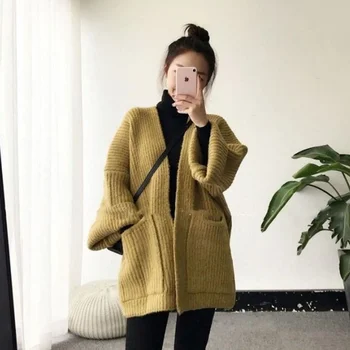 Kadın Hırka Örme Giyim 2021 Kore Moda Tembel Tarzı Gevşek Uzun kollu Düz Renk Var Cepler Hırka Kazak