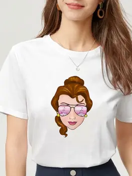 T-Shirt Disney Kadın Yaz Tüm Maç Yeni Ürünler Giyen Güneş Gözlüğü Serisi Belle Prenses Güneş Gözlüğü Baskı Kale Tshirt Bayan