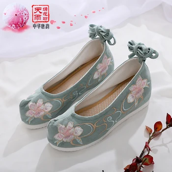 Retro Hanfu Ayakkabı, kadın Düz İşlemeli Ayakkabı, Kalkık Yay İç Yükseltme Bez Ayakkabı Dans Ayakkabıları Daireler