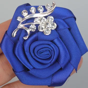 Yapay saten çiçek Damat Korsaj Kraliyet Mavi Çiçek Kristal Takı Gelin Düğün Korsaj Pin Broş Erkek Takım Elbise XH0038-2