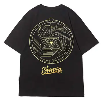 Metal Folyo Baskı Boy t-shirt Altın Simle T Shirt Pamuk Hip Hop Yarım Kollu Rahat Yaz Üst Tees Toptan Homme giysi