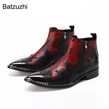 Batzuzhi Yeni Lüks Handamde Erkek Bot Ayakkabı Metal Ayak Deri yarım çizmeler Erkekler Kırmızı Siyah Zip Şövalye Iş / Parti / Düğün Botas