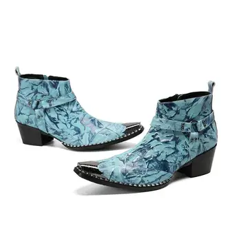 Tasarımcı Yüksek Topuklu Mavi Hakiki Deri Çizmeler Ayakkabı Erkekler İçin Çelik Ayak Düğün Zarif Erkek Elbise Ayakkabı Askeri Zapatos Hombre