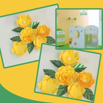 El yapımı Sarı Kolay kendi başına yap kağıdı Çiçekler Yeşil Yapraklar Seti 4 Kreş duvar dekorasyonu Bebek Duş Kız Odası Zemin Video Öğreticiler