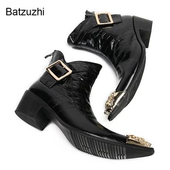 Batzuzhi Lüks El Yapımı erkek Botları Yeni Tasarım Altın Demir Ayak Siyah Hakiki Deri Çizmeler Erkekler Ayak Bileği 6.5 cm Topuklu Parti Botları!